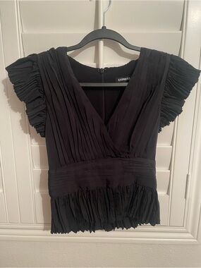 Express Black Pleated V-Neck Flutter Sleeve Blouse